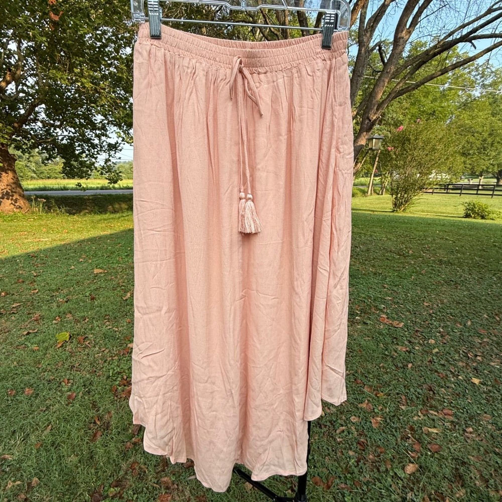 Mint Choco Pink Smocked Waist Tassel Drawstring High Low Maxi Skirt Womens Boho